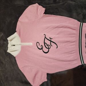 Pink Short Sleeve Sweater with Black Embroidery